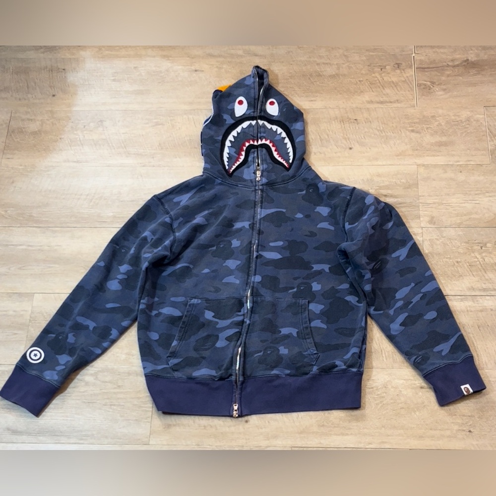 BAPE A Bathing Ape Blue Camo Shark Double Zip Sweatshirt Hoodie Size Large
